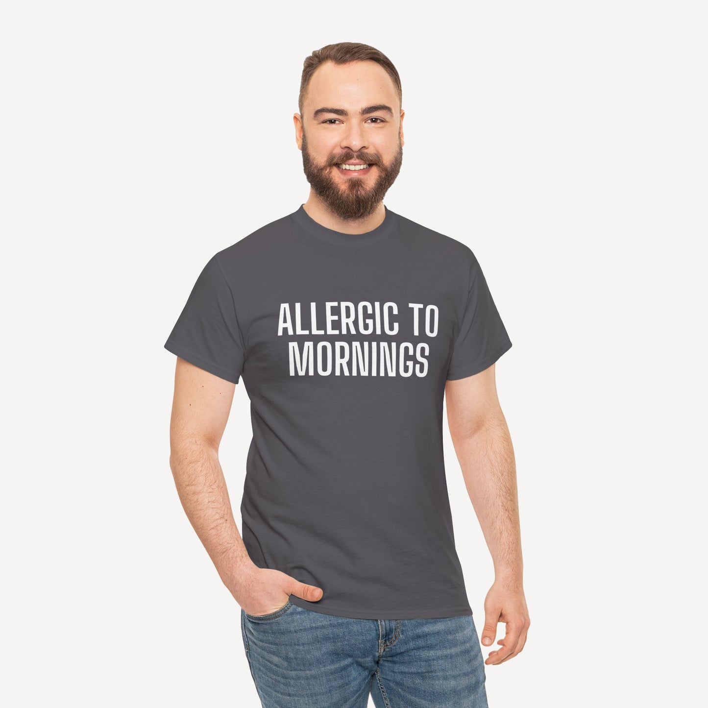 Allergic to Mornings - Funny Sayings for Men T-Shirts - Mens Unisex Cotton T-Shirt Graphic Printed Design Casual Short Sleeve Tee Tops