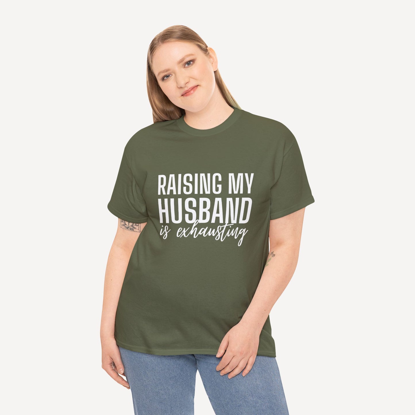 Raising My Husband is Exhausting - Funny Mom T-Shirt - Women's Unisex Cotton T-Shirt Graphic Printed Design Casual Short Sleeve Tee Tops