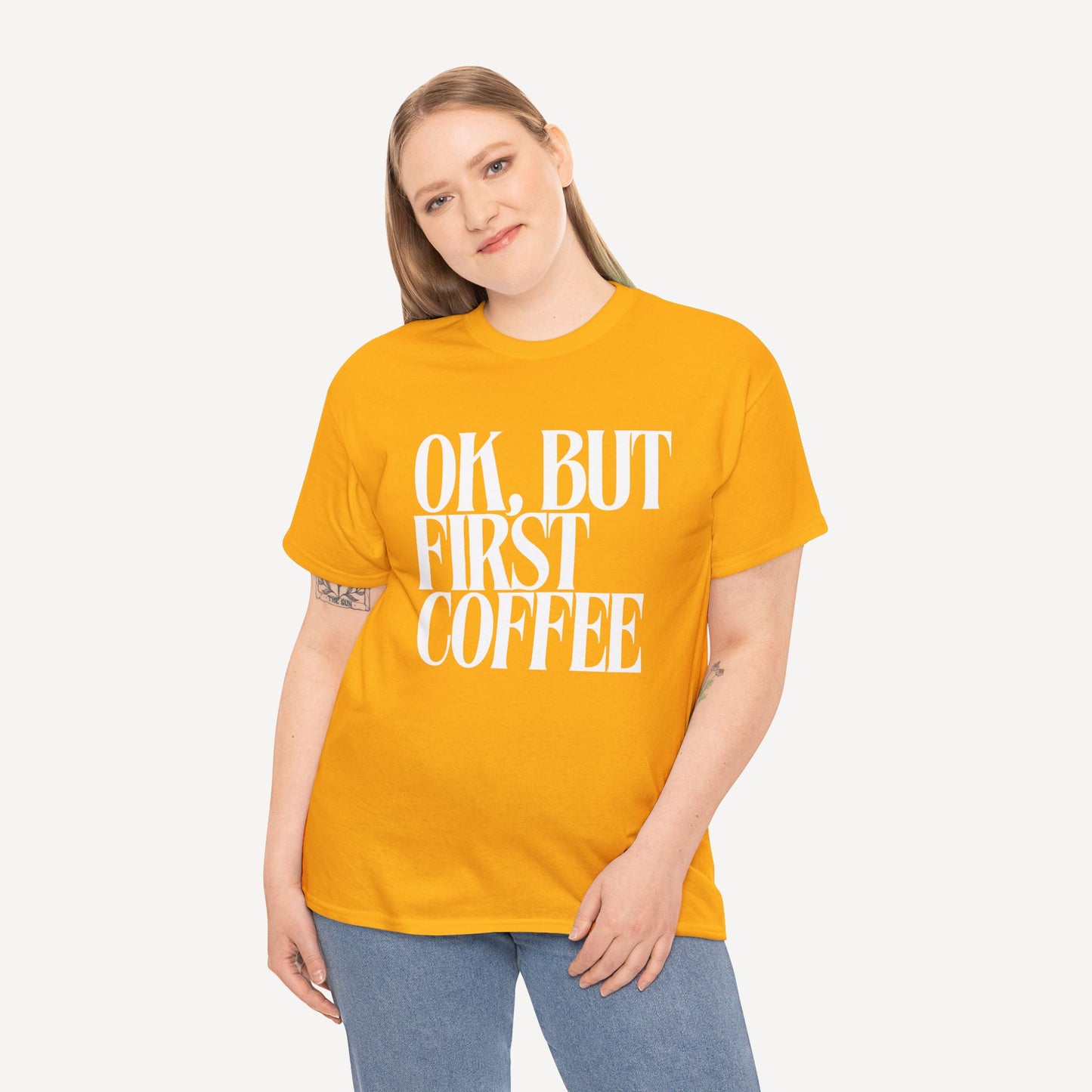 Ok, but First Coffee - Funny Mom T-Shirt - Women's Unisex Cotton T-Shirt Graphic Printed Design Casual Short Sleeve Tee Tops